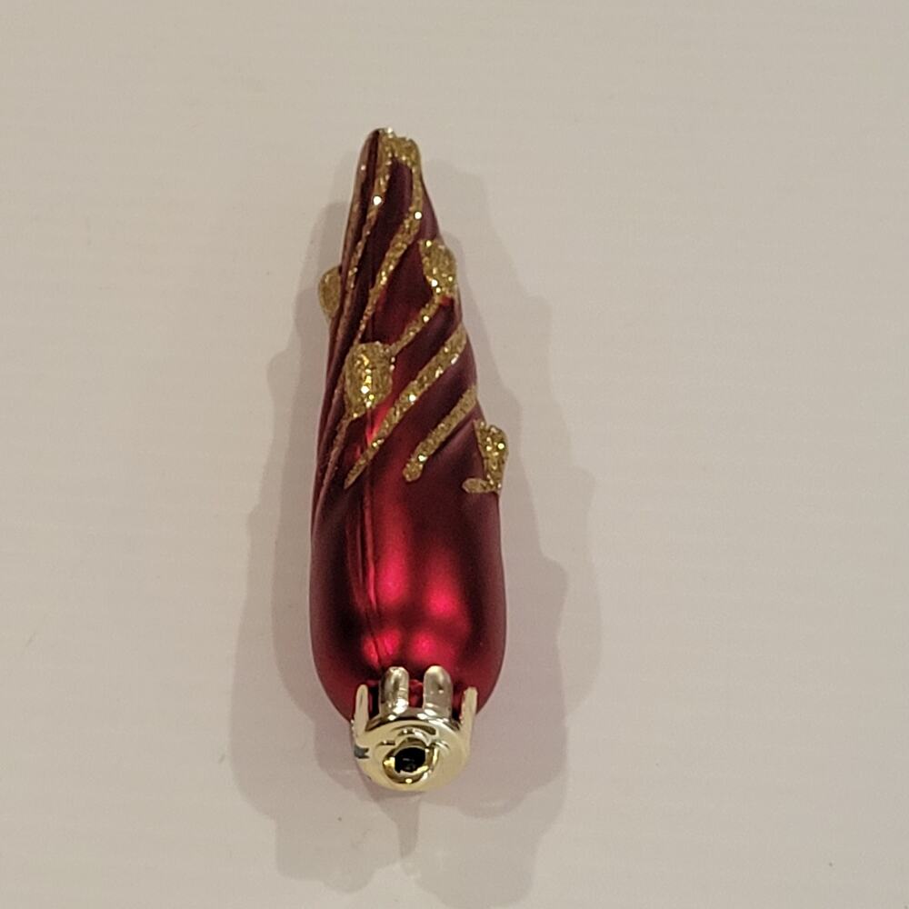 Vintage glass icicle ornament red gold trim glitter 5.5" long